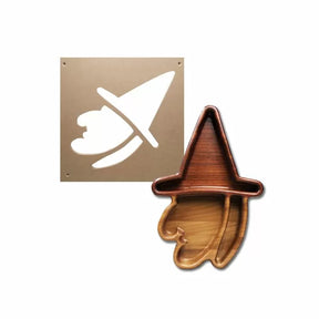 Woodworking tray in witch hat shape with matching stencil template on white background
