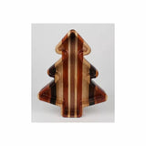 Striped wooden Christmas tree tray with natural and dark wood tones, woodworking project