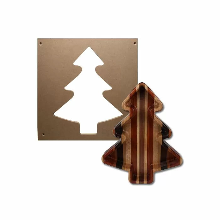Christmas tree shaped woodworking template and striped wood serving tray
