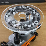 Clear router base plate with multiple mounting holes attached to a woodworking router