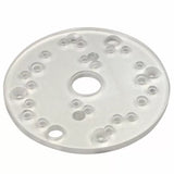 Clear round router base plate with multiple pre-drilled holes for woodworking tools
