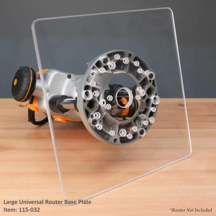 Large universal router base plate for woodworking on a wooden table, router not included.