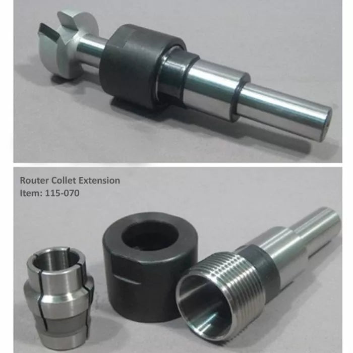 Router collet extension set with metal and black components for woodworking routers