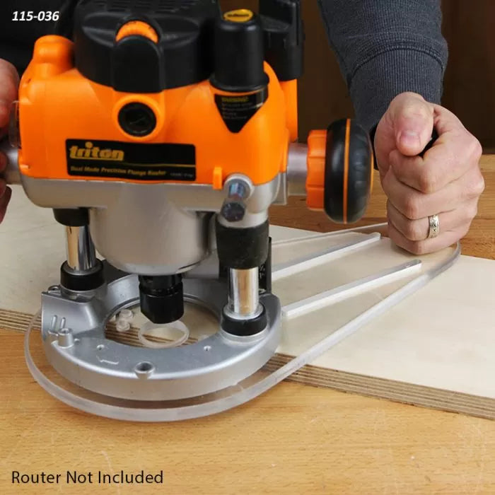 Woodworking router circle cutting jig in use on plywood for precise circular cuts
