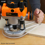 Woodworking router circle cutting jig in use on plywood for precise circular cuts