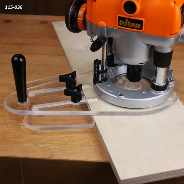 Woodworking router with acrylic edge guide on a wooden board for precise routing tasks