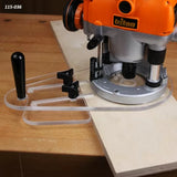 Woodworking router with acrylic edge guide on a wooden board for precise routing tasks