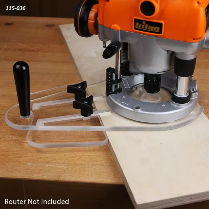Acrylic edge guide attachment for woodworking router on a wooden board