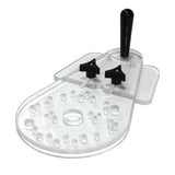 Clear acrylic router baseplate with multiple holes and black handle for woodworking precision