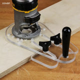 Clear acrylic router edge guide attachment on compact router with plywood on workbench