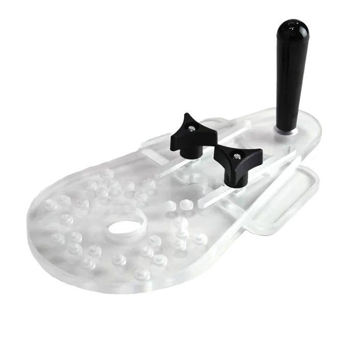 Clear acrylic router base plate with handle and knobs for woodworking precision
