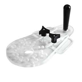Clear acrylic router base plate with handle and knobs for woodworking precision