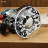 Router tool with clear acrylic base plate and mounting screws on a woodworking bench