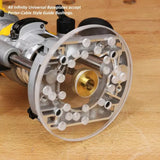 Universal router baseplate with Porter-Cable style guide bushing on woodworking table.