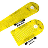 Yellow router circle guides with marked measurements and included router bits on white background