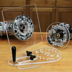 Clear acrylic router base plate set with handle for woodworking on a wooden workbench