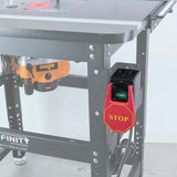 Router table power switch with large stop button and start switch mounted on metal frame