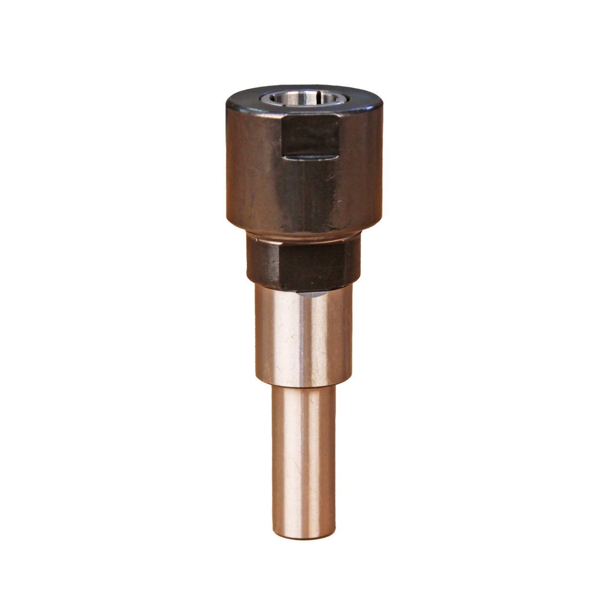 Solid steel router collet extension tool for woodworking on white background