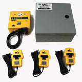 Dust collector automation kit with yellow switch, contactor box, and three iVAC Pro Tool Plus sensors.