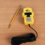 Yellow VAC Pro Tool Plus switch with auto-off-on settings and cord on wooden surface, pencil nearby