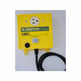 Yellow iVAC Pro automatic power switch for woodworking dust collection, with outlet and cord.