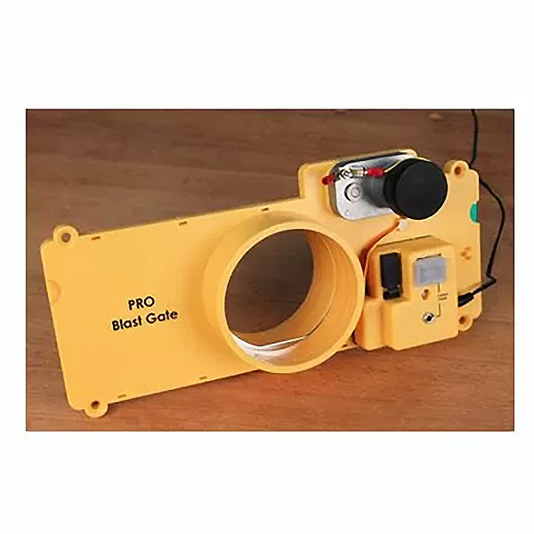 Yellow PRO blast gate for dust collection with electronic switch, on wood surface