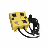 Yellow woodworking power control switch box with outlets and attached power cords