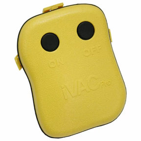 Yellow iVAC Pro remote with ON and OFF buttons for woodworking dust collection control