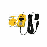 Yellow tool switch kit with labeled parts, USB power cord, and adapter for woodworking tools