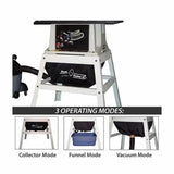 Table saw dust collection system with three operating modes: collector, funnel, vacuum.