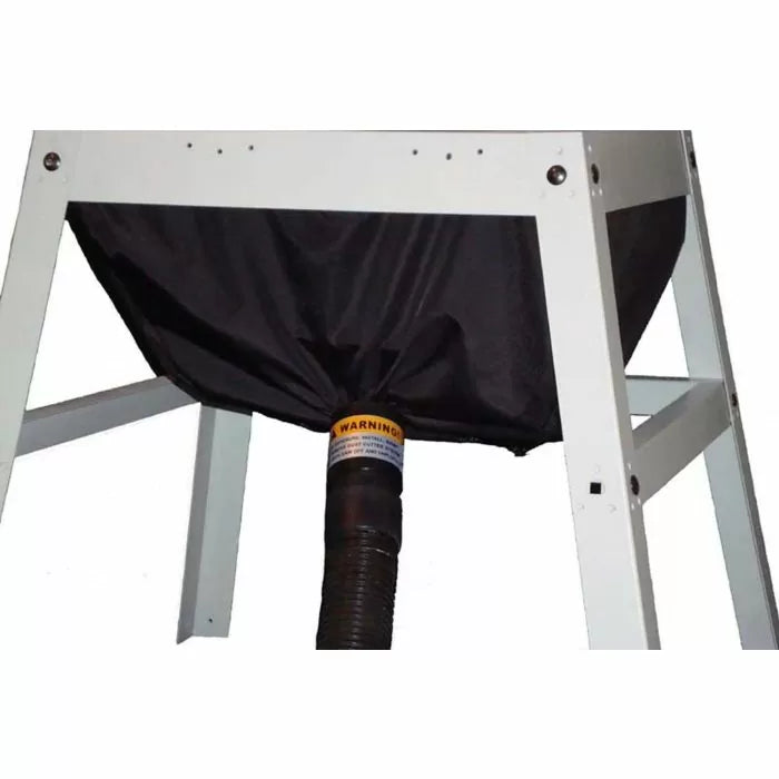 Dust collection bag with warning label attached to woodworking stand and hose