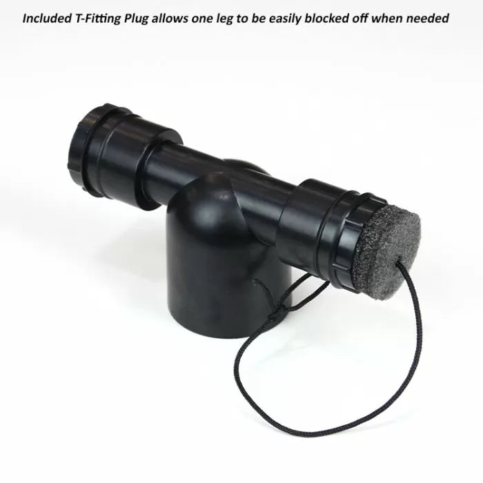 Black plastic T-fitting plug with foam cap for woodworking dust collection systems
