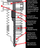 Drill press dust collection attachment diagram with labeled expandable housing and hose fittings.