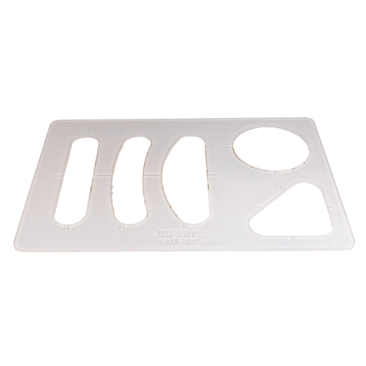 Acrylic handle template with multiple cutout shapes for woodworking projects on white background