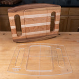 Clear acrylic cutting board template with cutout guides on a wooden workbench