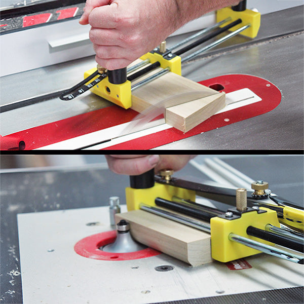 Woodworking jig holding wood block for precision cutting on router table and table saw