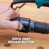 Hand pressing quick snap release button on woodworking dust collection hose connector