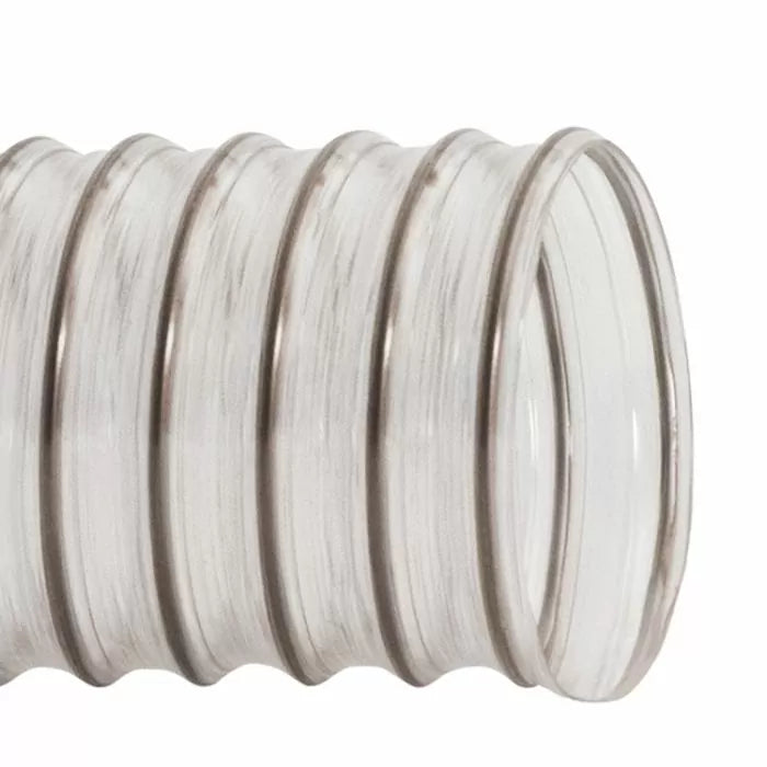 Clear flexible dust collection hose with reinforced spiral rib for woodworking shop