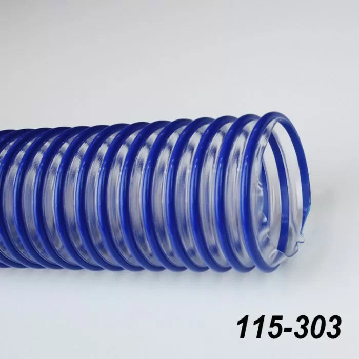 Clear flexible dust collection hose with blue spiral for woodworking, part number 115-303