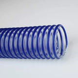 Clear flexible dust collection hose with blue spiral, woodworking tool accessory