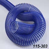 Blue flexible dust collection hose with clear ribbed walls for woodworking machinery