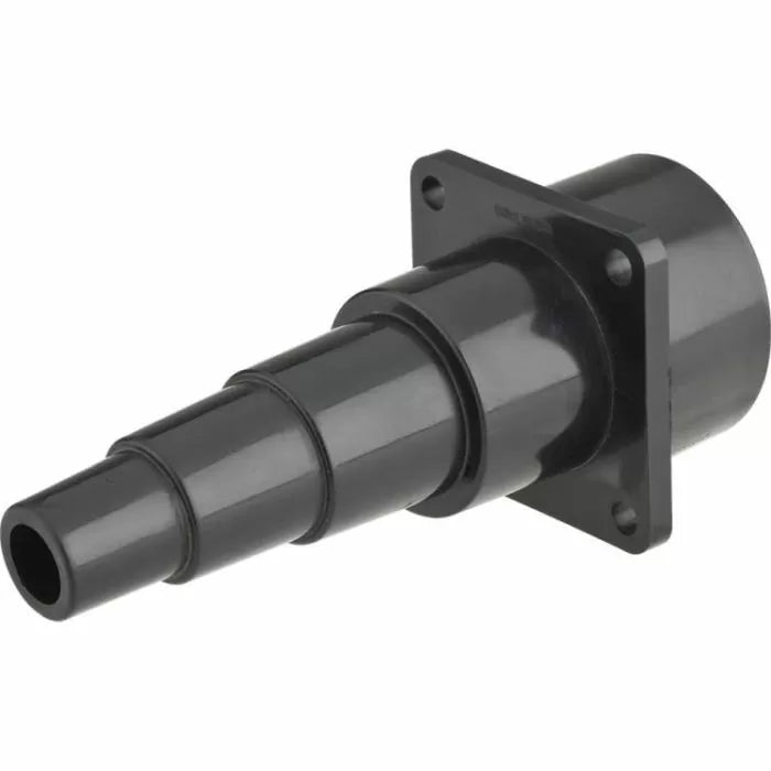 Black plastic dust collection hose adapter with stepped design and mounting plate for woodworking