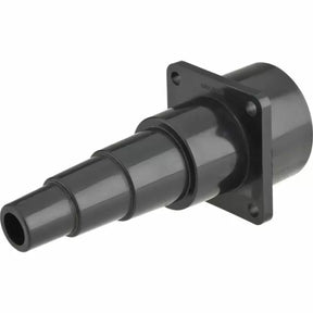 Black plastic dust collection hose adapter with stepped design and mounting plate for woodworking