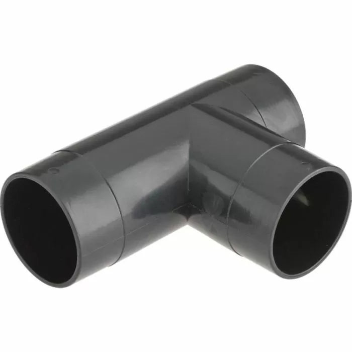 Black plastic T-shaped dust collection hose connector for woodworking shop