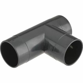 Black plastic T-shaped dust collection hose connector for woodworking shop