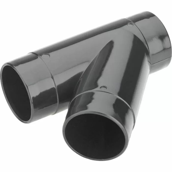Black plastic Y-fitting dust collection hose connector for woodworking equipment