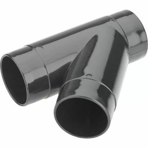 Black plastic Y-fitting dust collection hose connector for woodworking equipment