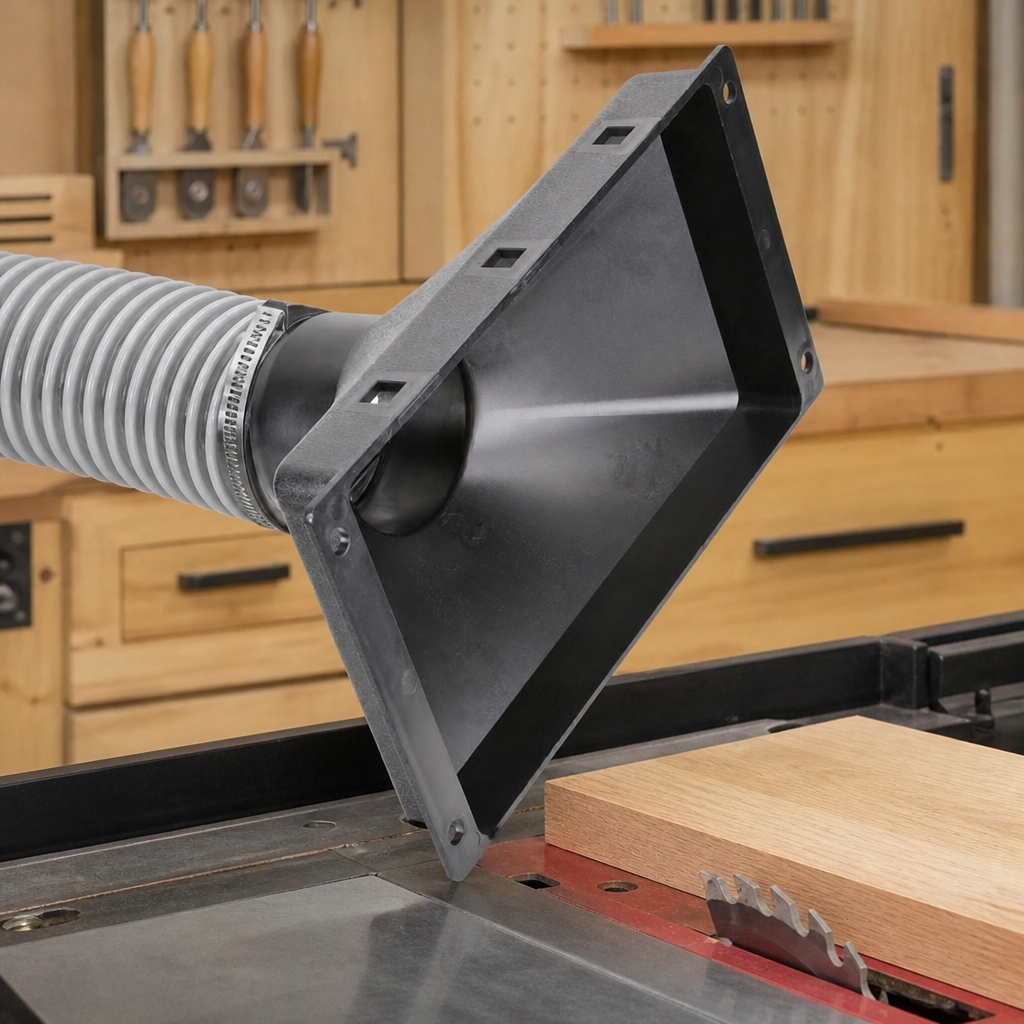 A black plastic dust collector funnel connected to a gray flexible dust hose, positioned over a wood table saw with a piece of wood on the blade, set in a workshop environment.