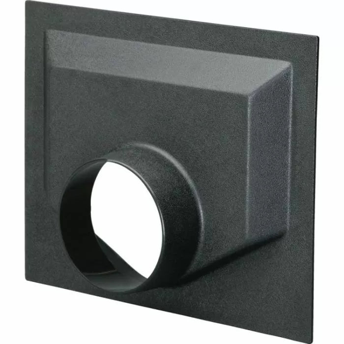 Black plastic dust collection port fitting for woodworking, square flange with round outlet