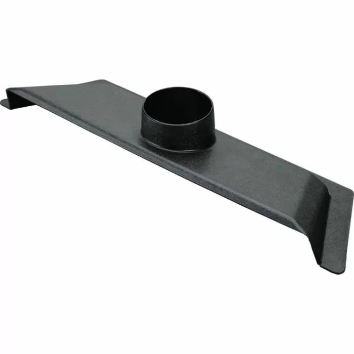 Black dust collection hood attachment for woodworking table saws, angled view